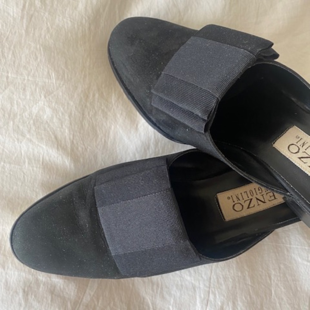 Enzo Black Suede Slides/Mules with Tuxedo Bow SIZE: 8.5